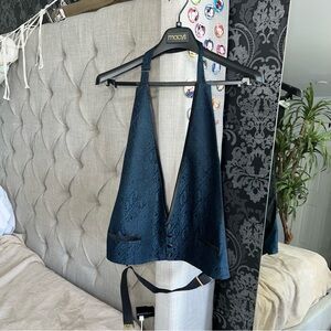 Men's Classic Waistcoat Dark Blue Black Paisley Halter Tuxedo Vest One Size